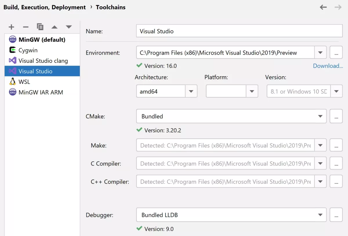 JetBrains CLion Microsoft Visual C++ 工具链