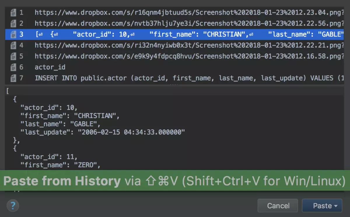 JetBrains DataGrip 从剪贴板历史记录粘贴
