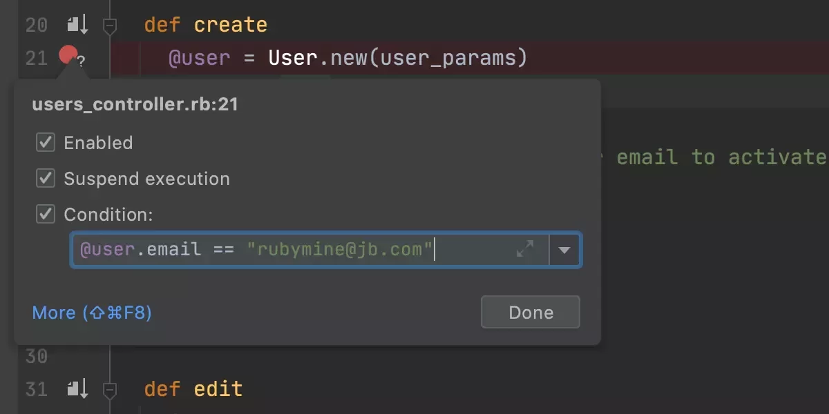 JetBrains RubyMine 可配置的断点