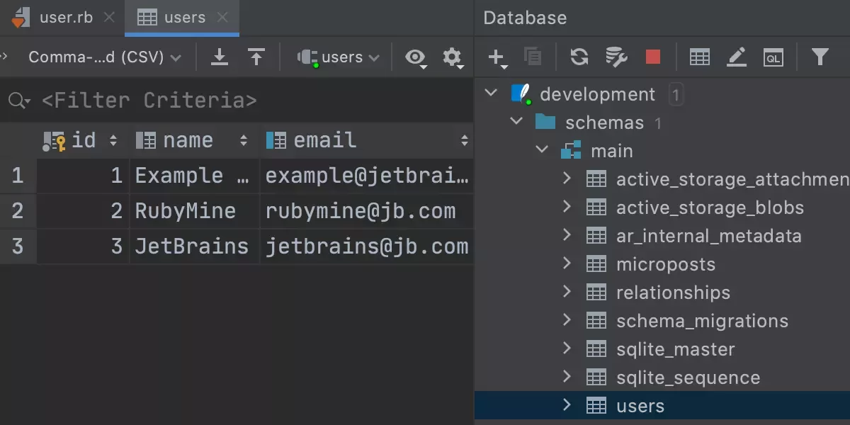 JetBrains RubyMine 在 IDE 中使用数据库