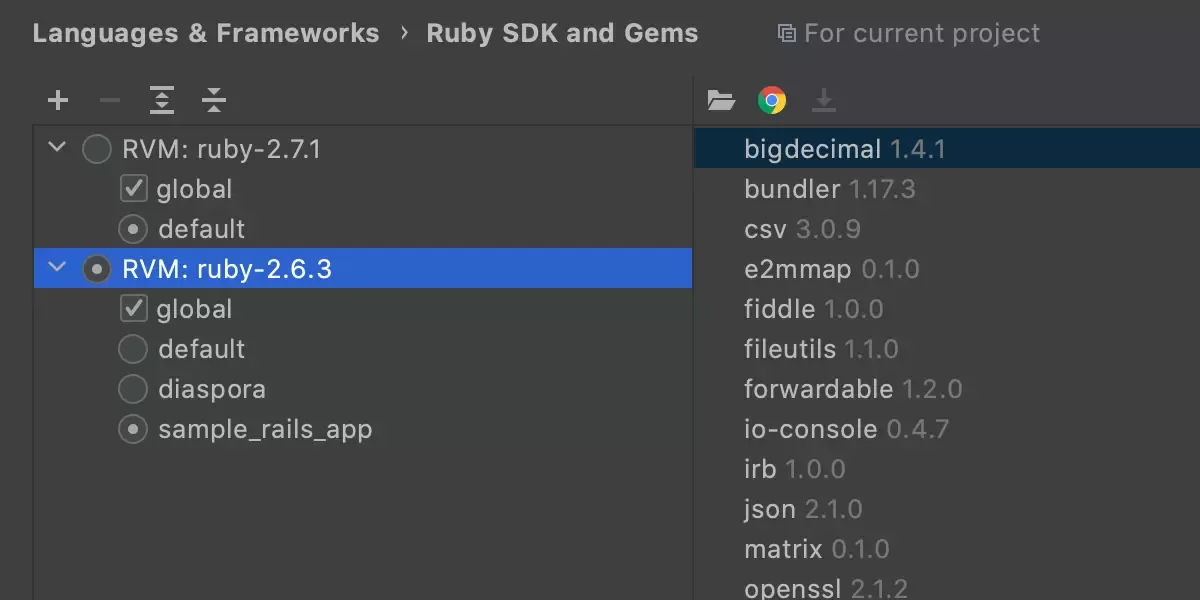 JetBrains RubyMine 版本管理器和 gemset 支持