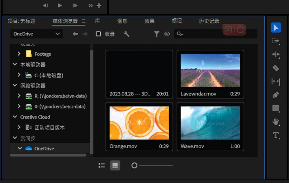 Adobe Premiere Pro 在导入模式下浏览云位置