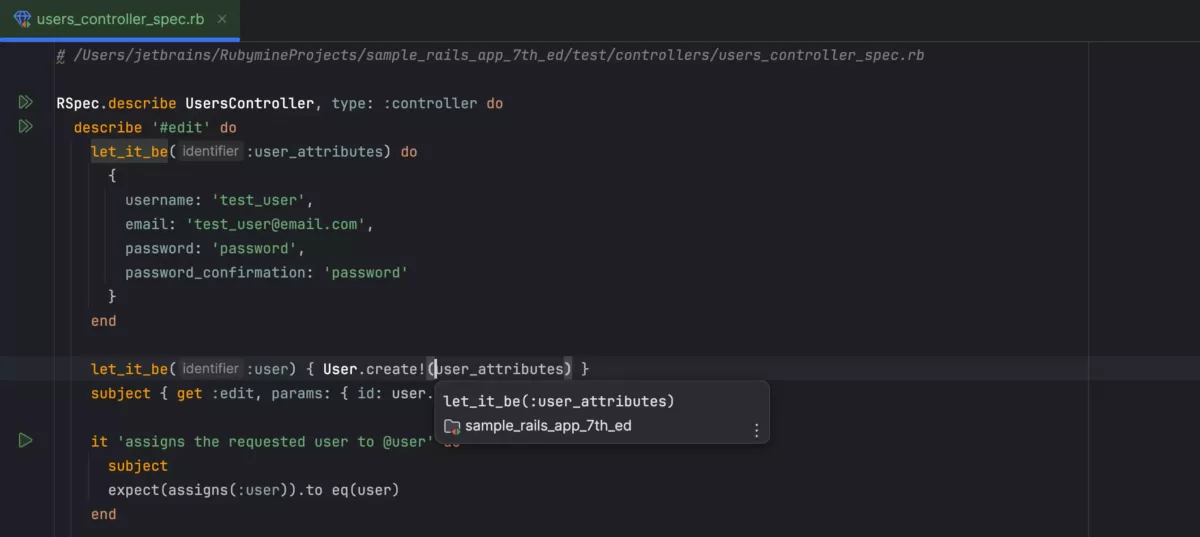 JetBrains RubyMine 使用 let_it_be 的固定例程声明