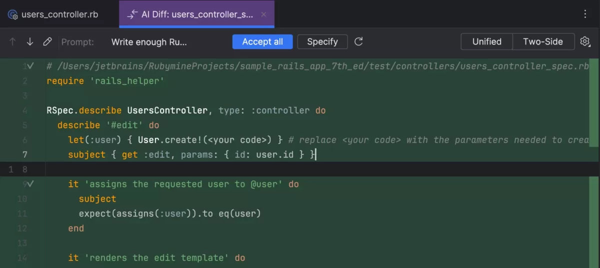 JetBrains RubyMine 单元测试生成