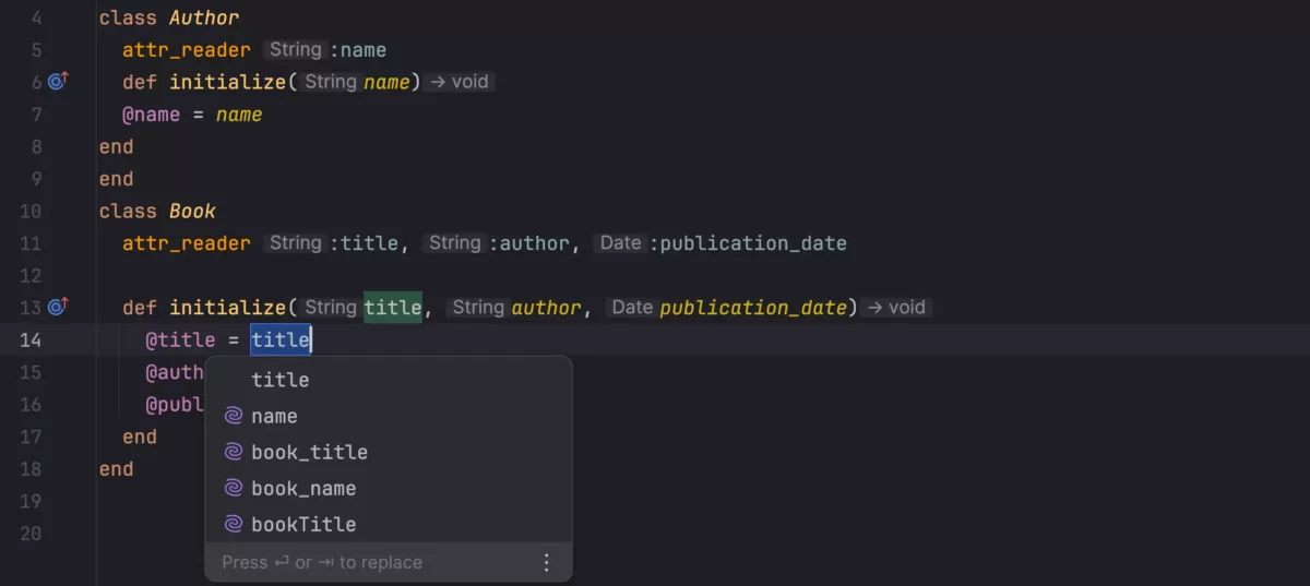 JetBrains RubyMine 对 AI 生成名称建议的支持